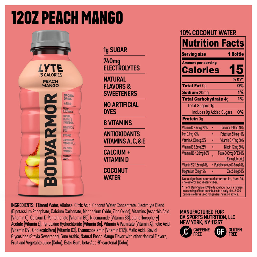 BODYARMOR Lyte Peach Mango Electrolyte Sports Drink 12 fl oz 8 Count
