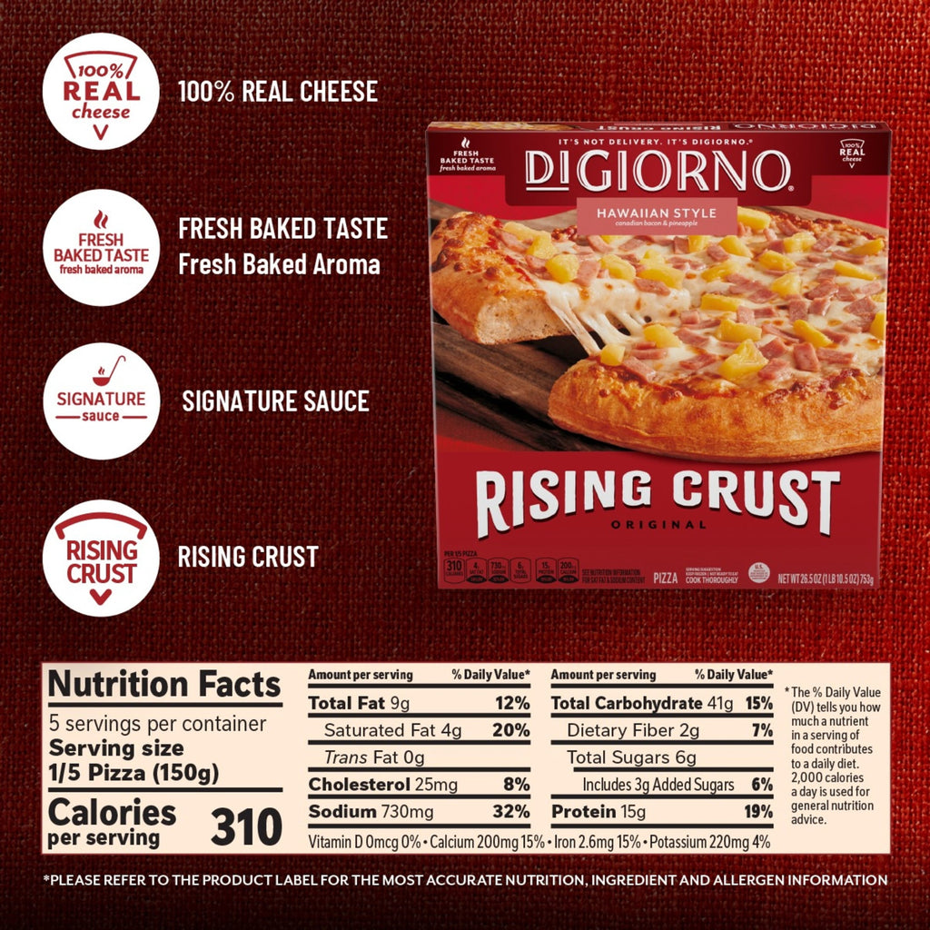 DiGiorno Hawaiian Style Rising Crust Frozen Pizza Canadian Bacon Pineapple 26.5 Oz