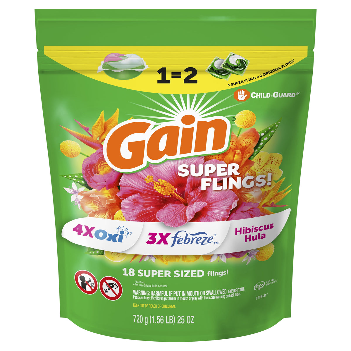 Gain Plus Flings Laundry Detergent Pacs All-In-One Happy Hibiscus Scent 18 Count