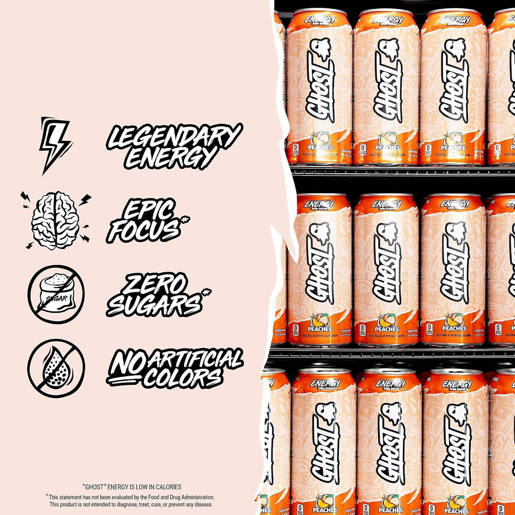 GHOST Energy Peaches Zero Sugar Energy Drink 16 fl oz Single Can