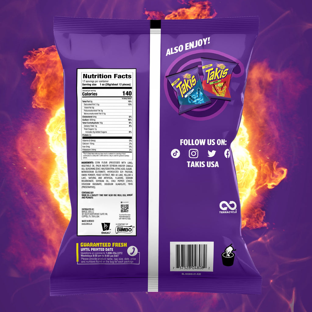 Hot Chili Pepper & Lime Flavored Rolled Tortilla Chips 17 Oz Takis