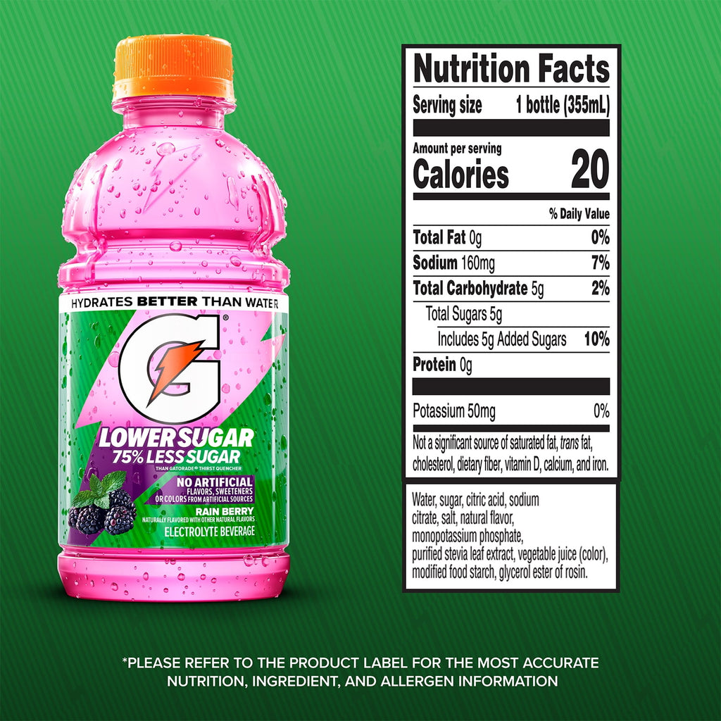 Gatorade Lower Sugar Electrolyte Sports Drink Rain Berry 12 fl oz Bottles (12 Pack)