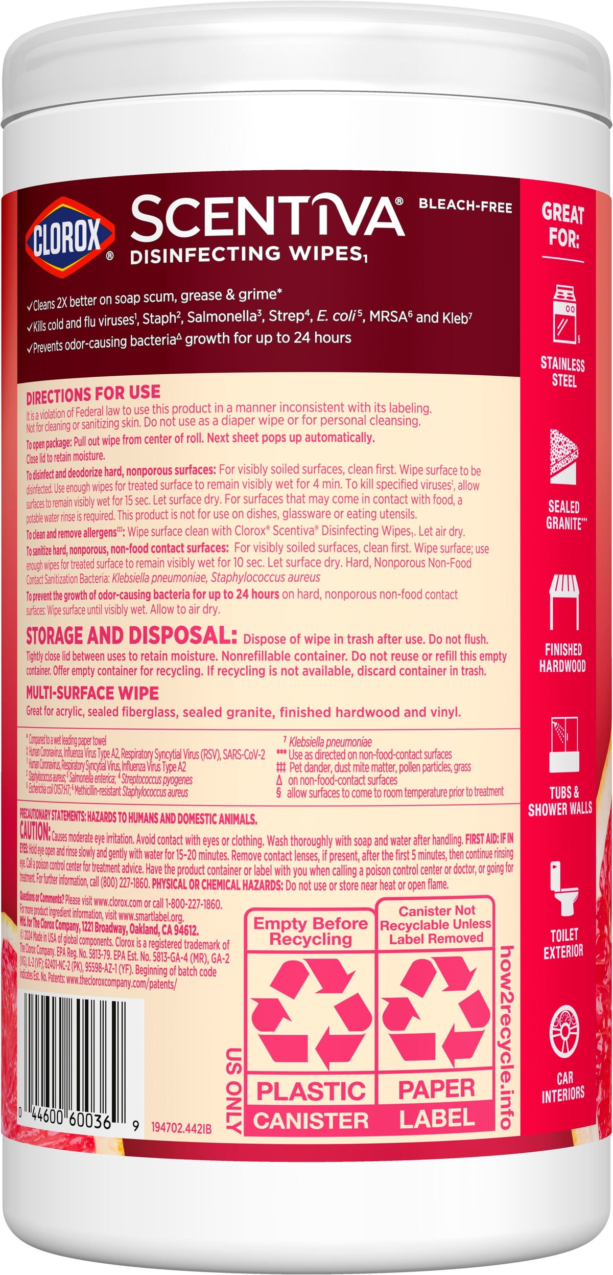 Clorox Scentiva Disinfecting Wipes Grapefruit & Orange Blossom 75 Count