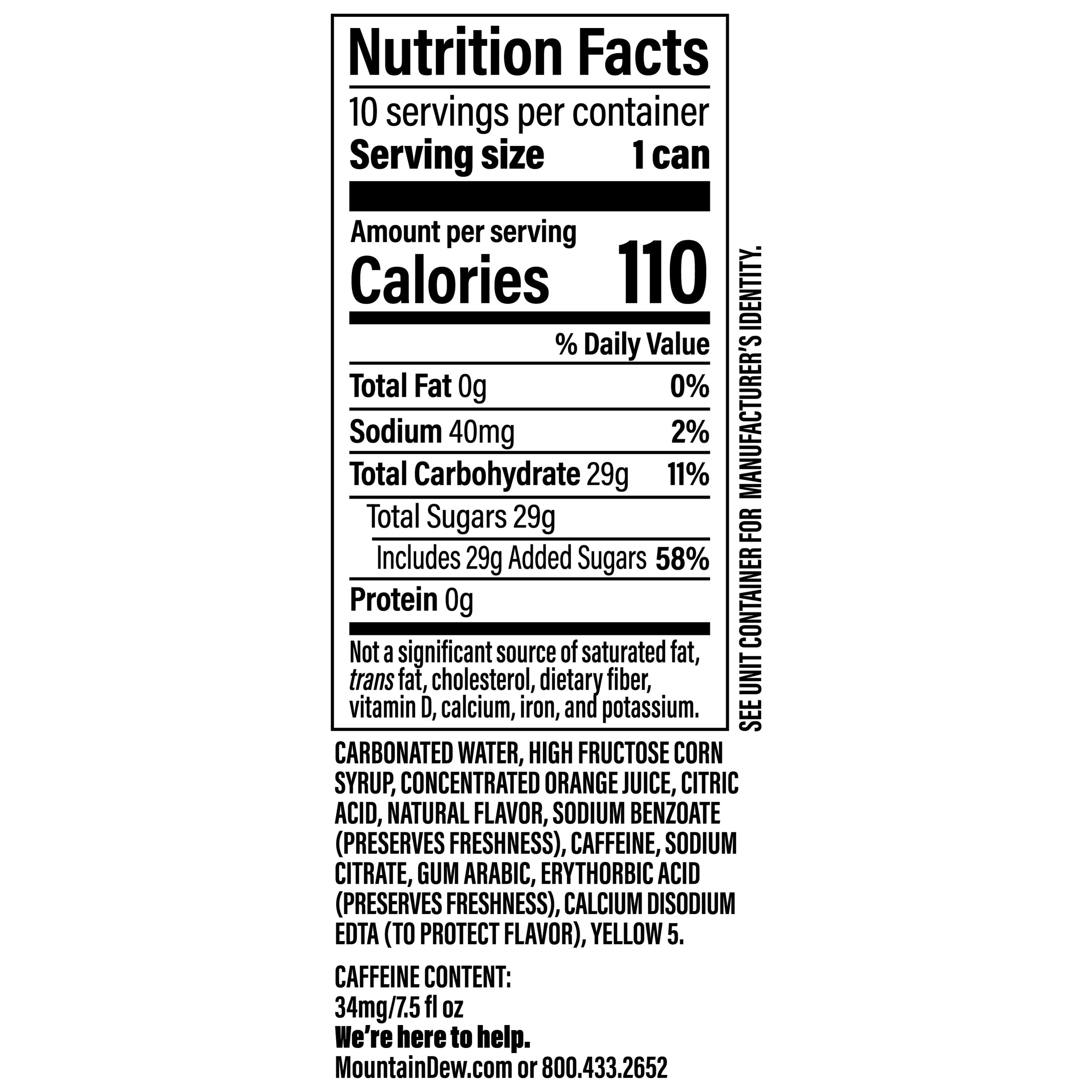 Mountain Dew Citrus Soda Pop Mini Cans 7.5 Fl Oz 10 Pack