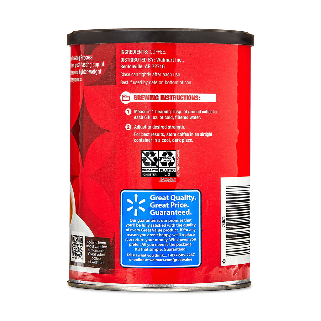 Great Value Classic Roast Naturally Caffeinated Medium Roast Ground Coffee 9.6 oz Canister
