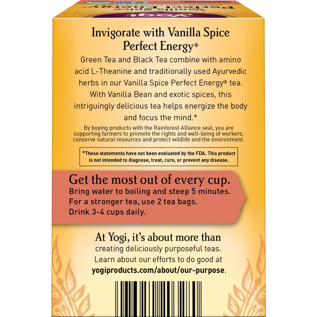 Yogi Vanilla Spice Perfect Energy Organic Black Wellness Tea Bags 1.12 oz 16 Count
