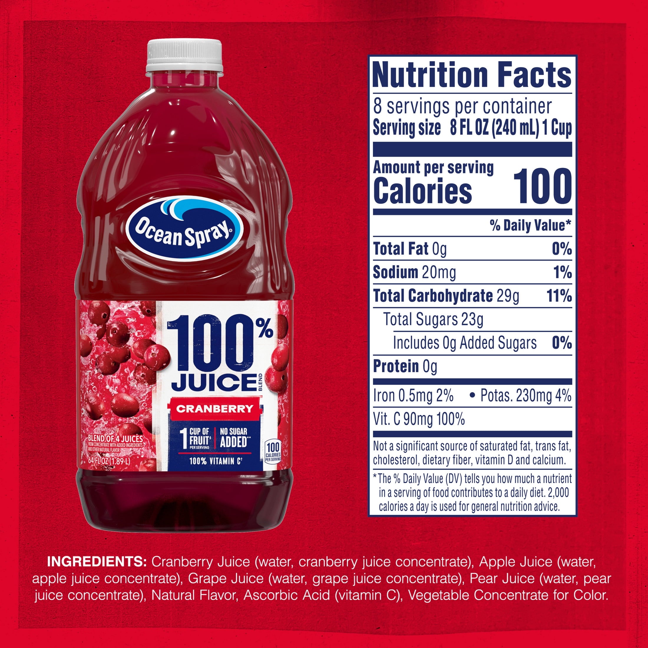 Ocean Spray 100% Juice Cranberry Juice Blend 64 fl oz Bottle