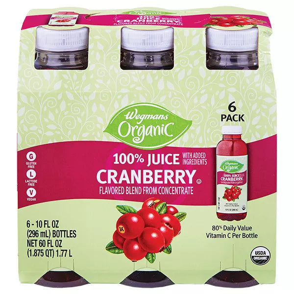 Wegmans Organic Cranberry Juice, Mini Bottles, 6 Pack 60 fl. oz.