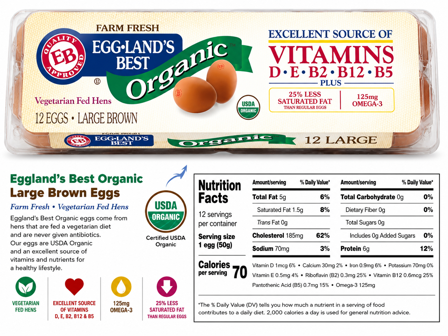 Eggland’s Best Organic Large Brown Eggs, USDA Organic, 12 Count