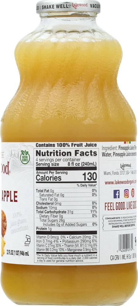 Lakewood Organic Pure Pineapple Juice Not From Concentrate 32 fl oz Bottle