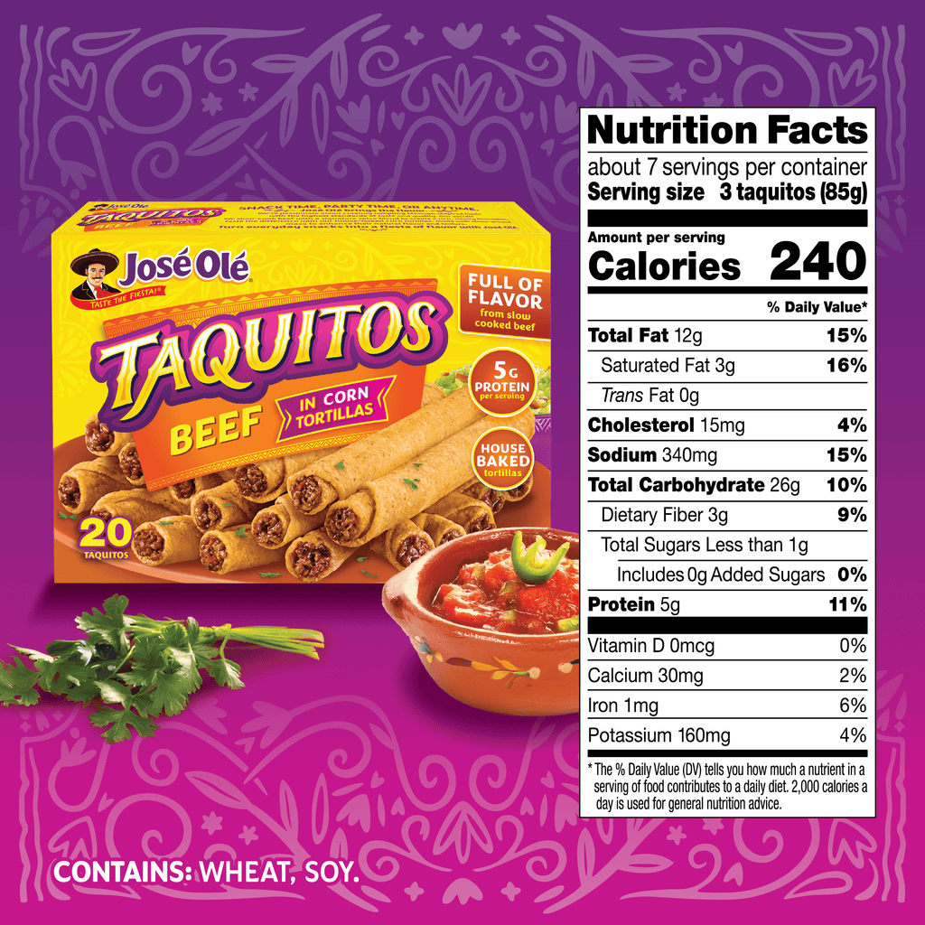 José Olé Beef Corn Taquitos Frozen Mexican Food 20 Oz 20 Count