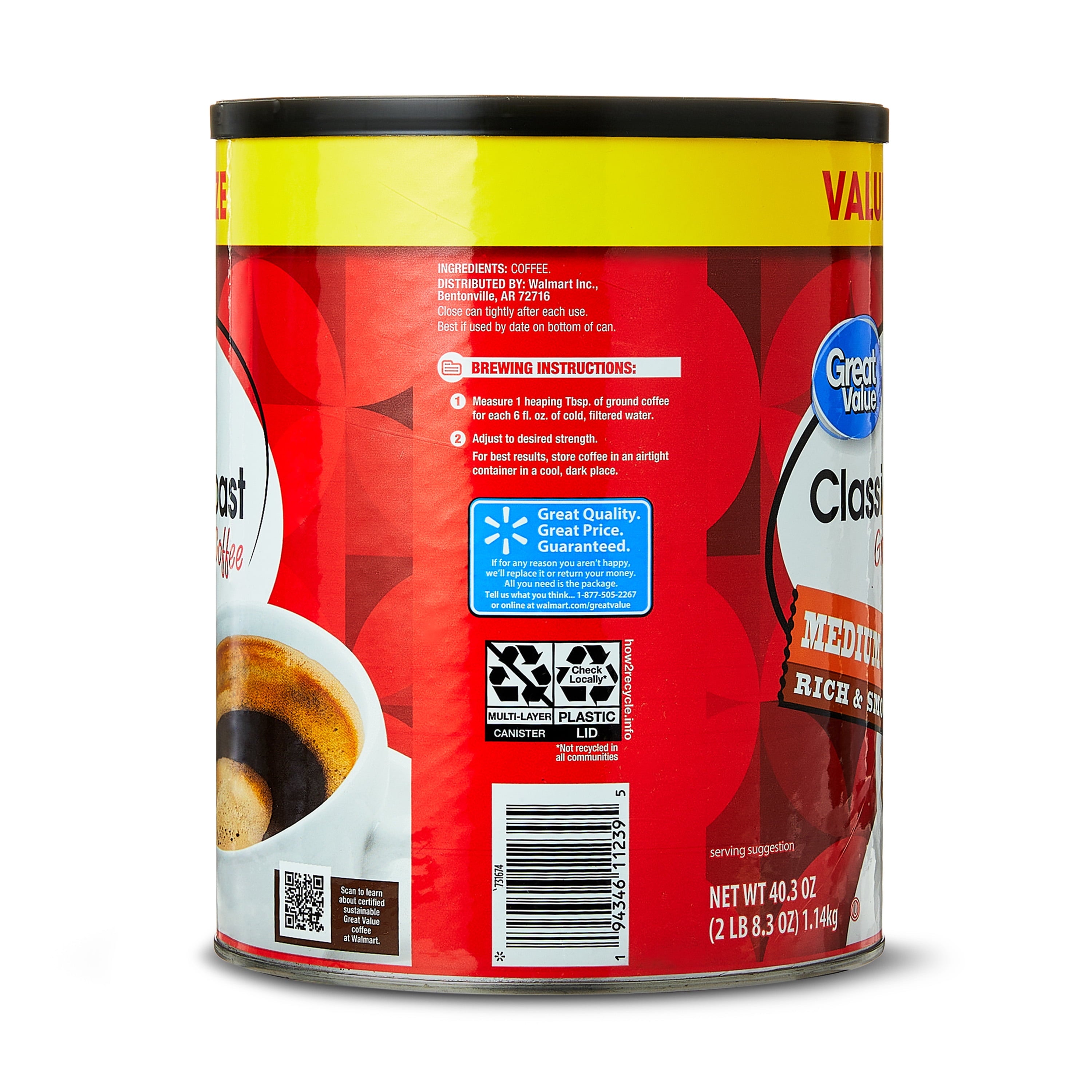 Great Value Classic Roast Naturally Caffeinated Medium Ground Coffee 40.3 oz Canister