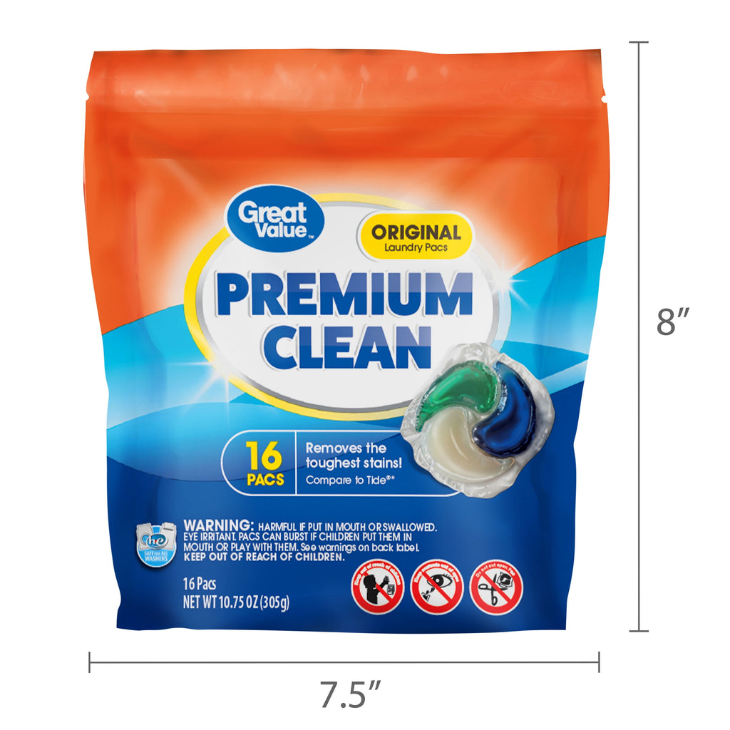 Great Value Premium Clean Laundry Pacs Original Scent 16 Count