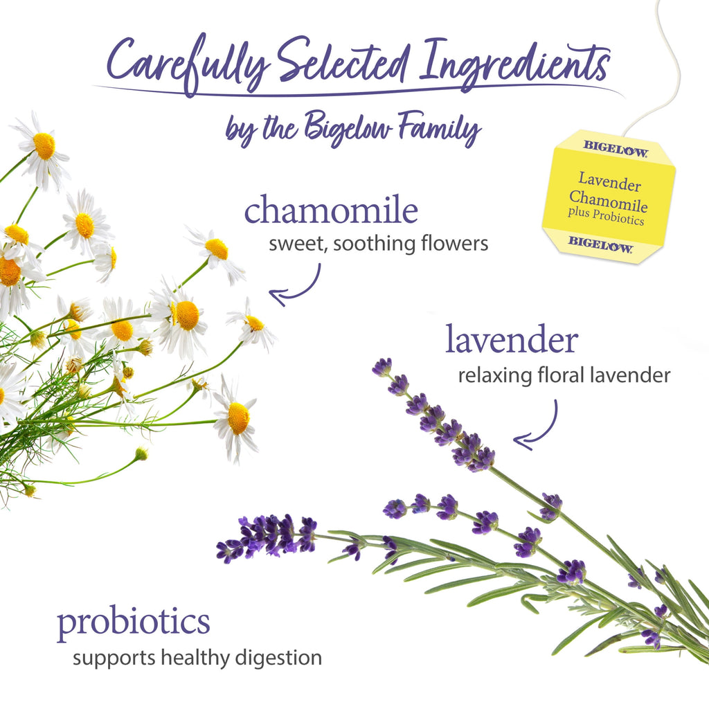 Bigelow Lavender Chamomile Plus Probiotics Caffeine Free Herbal Tea Bags 18 Count