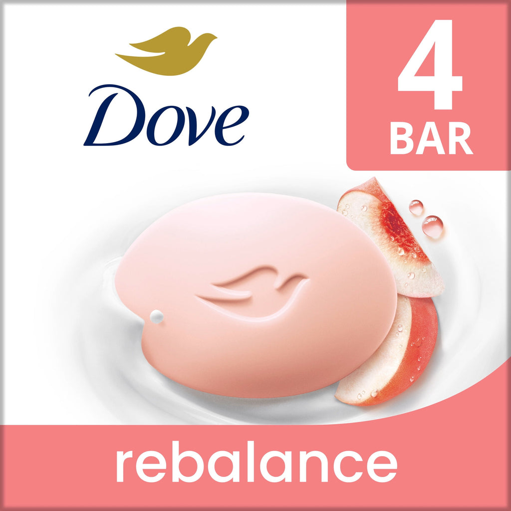 Dove Rebalancing Beauty Bar Soap White Peach & Rice Milk Moisturizing Cleanser 3.75 oz 4 Bars