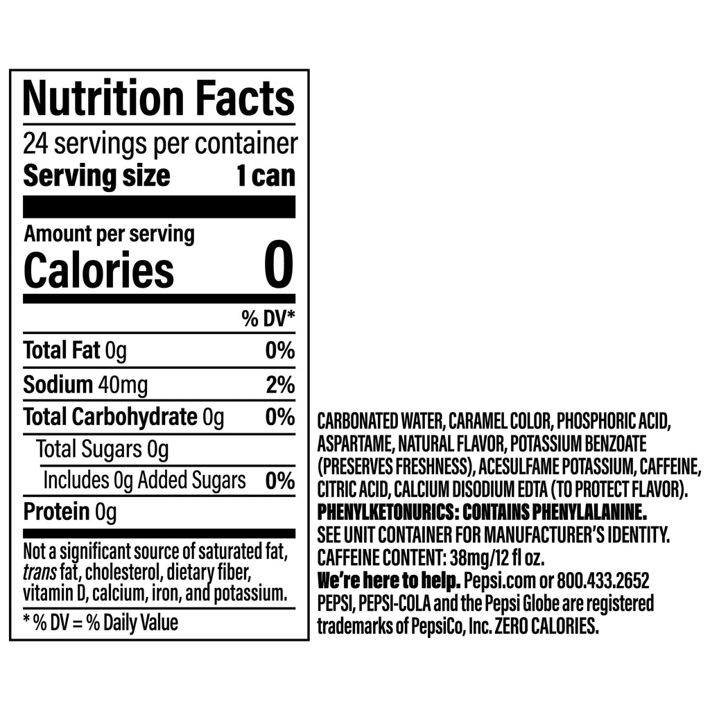 Pepsi Zero Sugar Cola Soda Pop Cans 12 Fl Oz 24 Pack