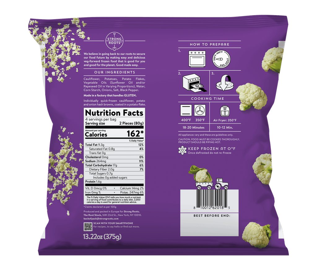 Strong Roots Cauliflower Hash Brown Patties Frozen 13.22 Oz