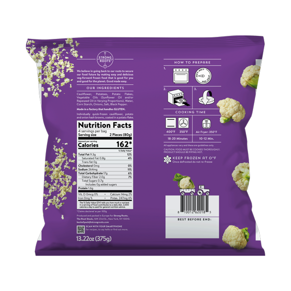 Strong Roots Cauliflower Hash Brown Patties Vegan Gluten Free Frozen 13.22 Oz