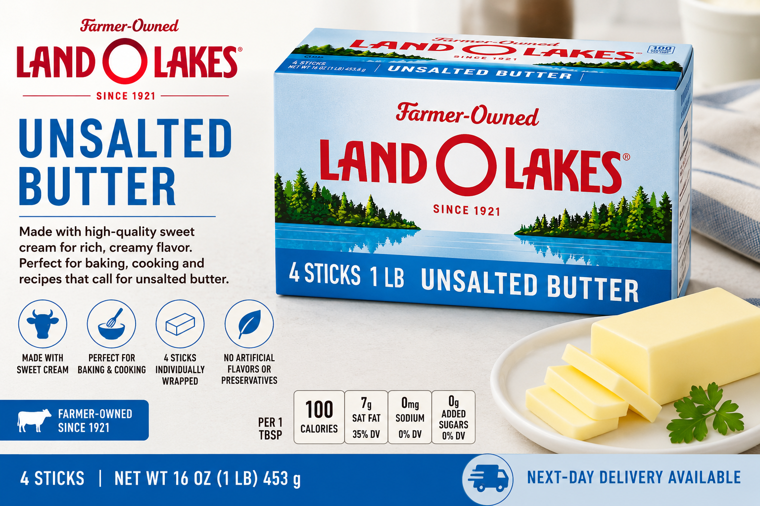 Land O Lakes Unsalted Butter, 16 oz (1 lb, 4 Sticks)