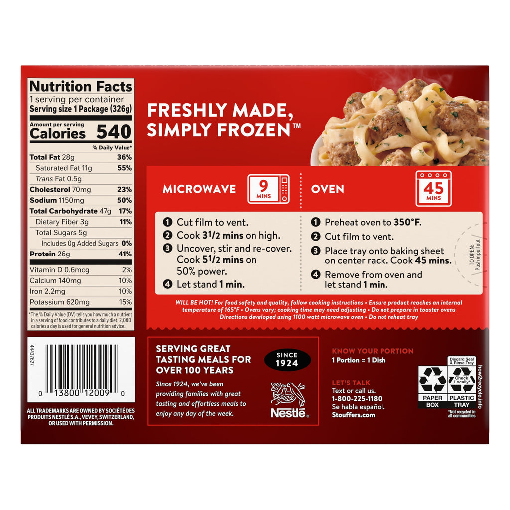 Stouffer's Swedish Meatballs Frozen Pasta Single Serve 11.5 Oz