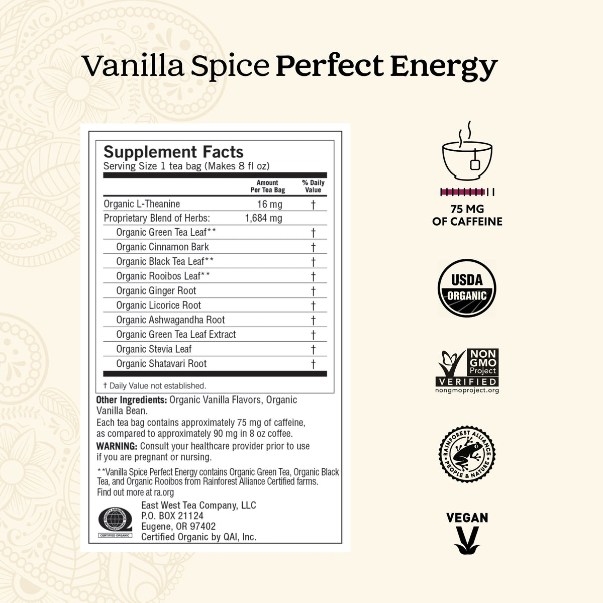 Yogi Vanilla Spice Perfect Energy Organic Black Wellness Tea Bags 1.12 oz 16 Count