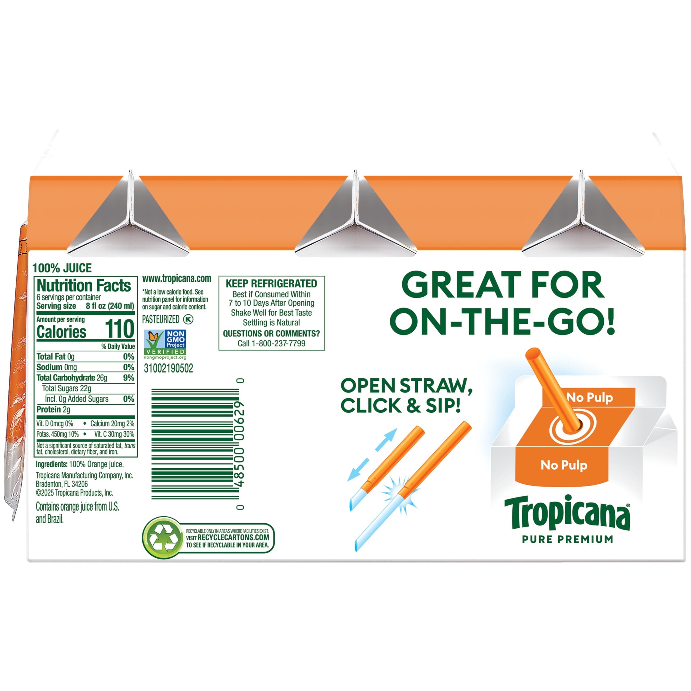 Tropicana Pure Premium 100% Orange Juice Original No Pulp 8 fl oz Cartons 6 Pack