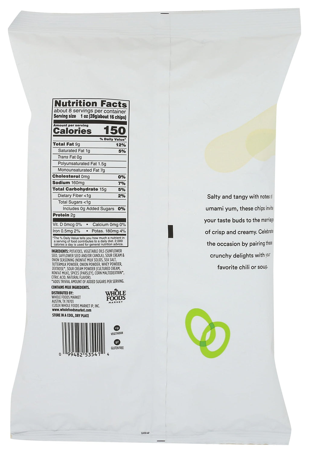 Potato Chips Sour Cream & Onion 8 Oz 365 By Whole Foods Market