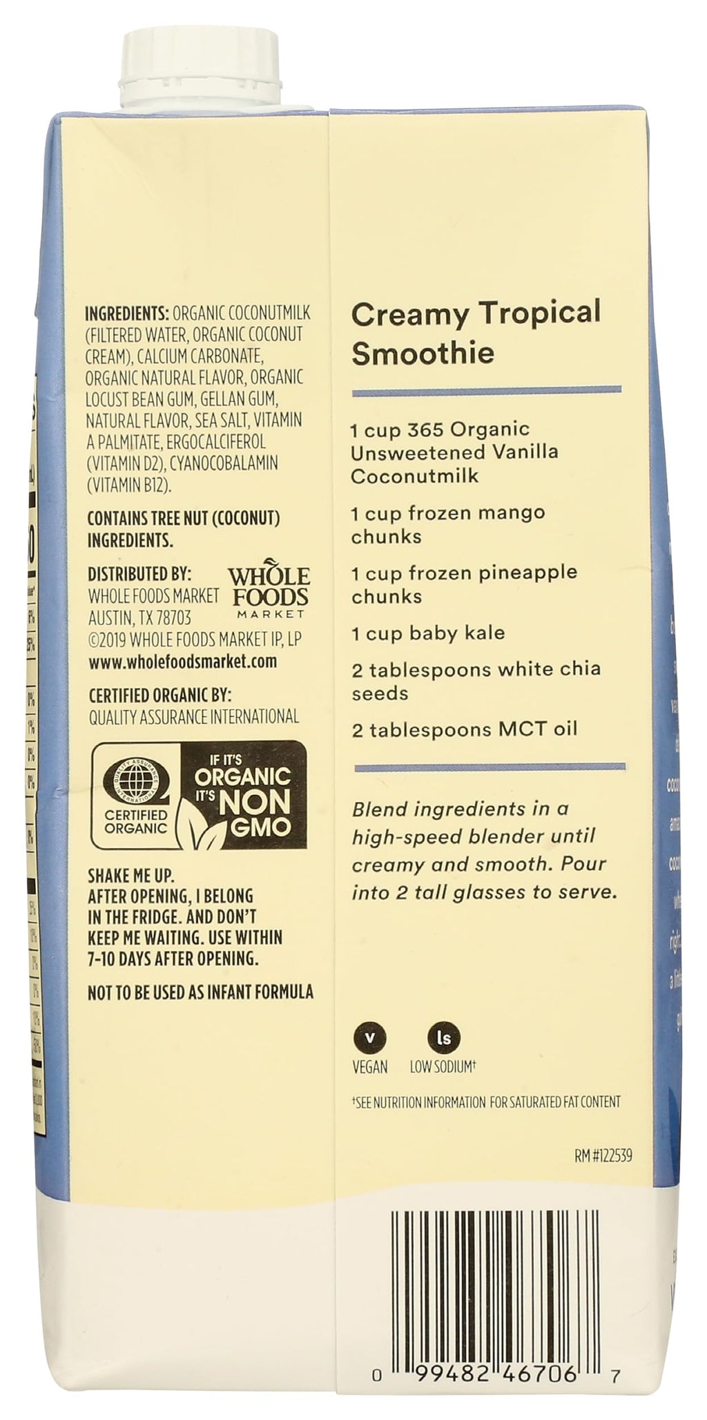 Organic Unsweetened Vanilla Coconut Milk 32 Fl Oz 365 By Whole Foods Market