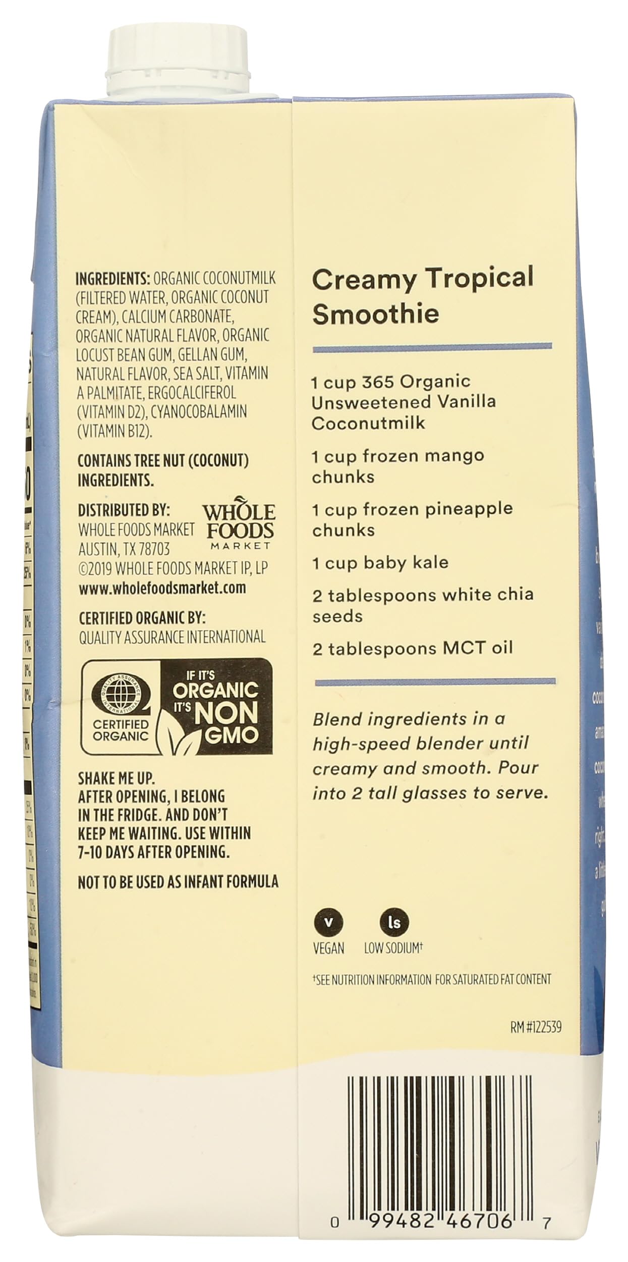 Organic Unsweetened Vanilla Coconut Milk 32 Fl Oz 365 By Whole Foods Market
