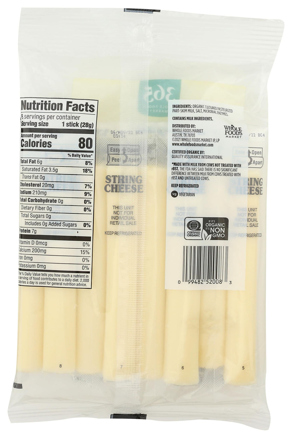 Organic Mozzarella String Cheese 8 Oz 1 Count 365 By Whole Foods Market