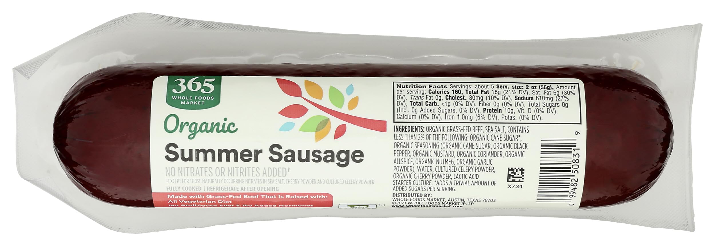 Organic Grass Fed Beef Summer Sausage 10 Oz 365 By Whole Foods Market