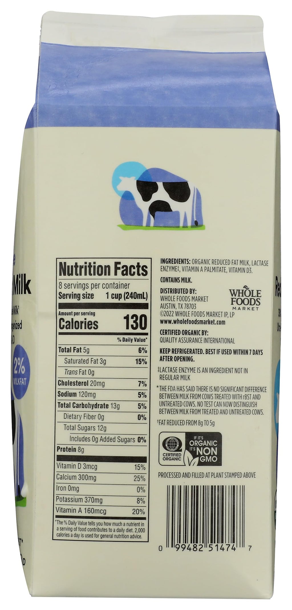 Organic Lactose Free Reduced Fat Milk 64 Fl Oz 365 By Whole Foods Market