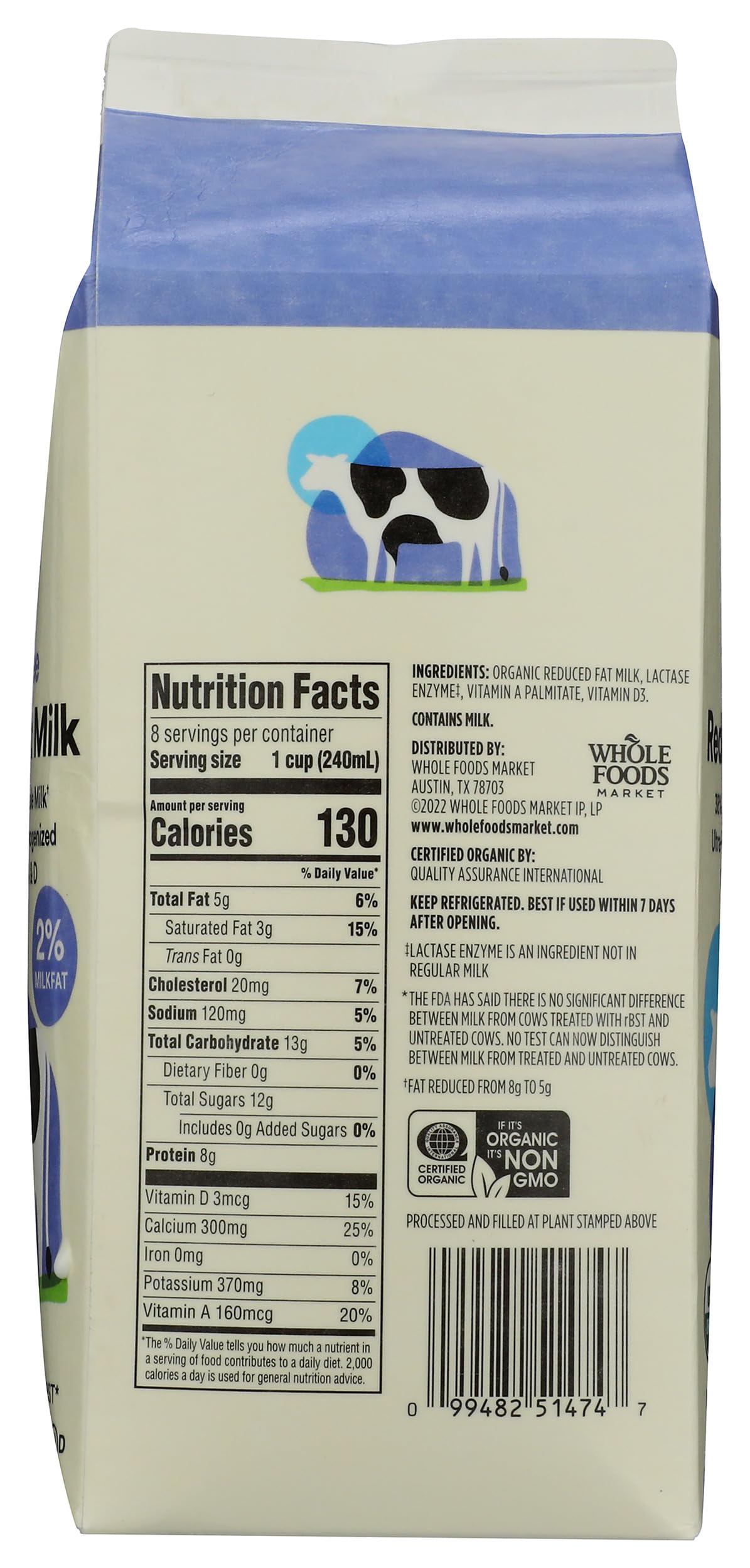 Organic Lactose Free Reduced Fat Milk 64 Fl Oz 365 By Whole Foods Market