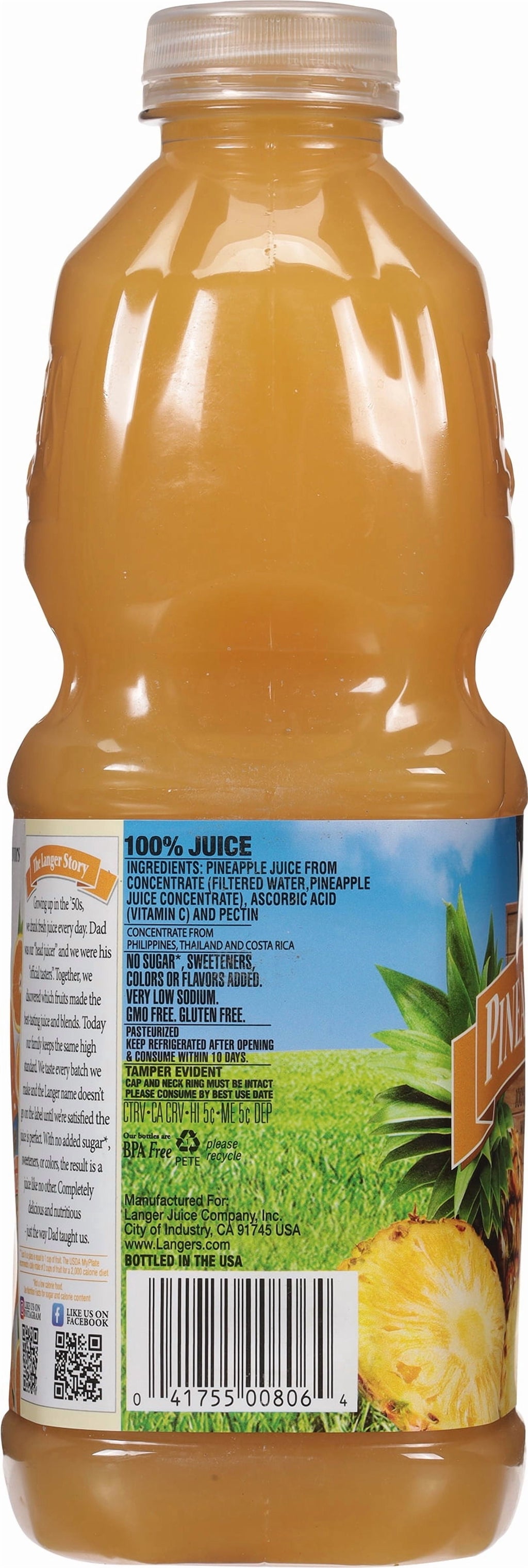 Langers 100% Pure Pineapple Juice 64 fl oz Bottle