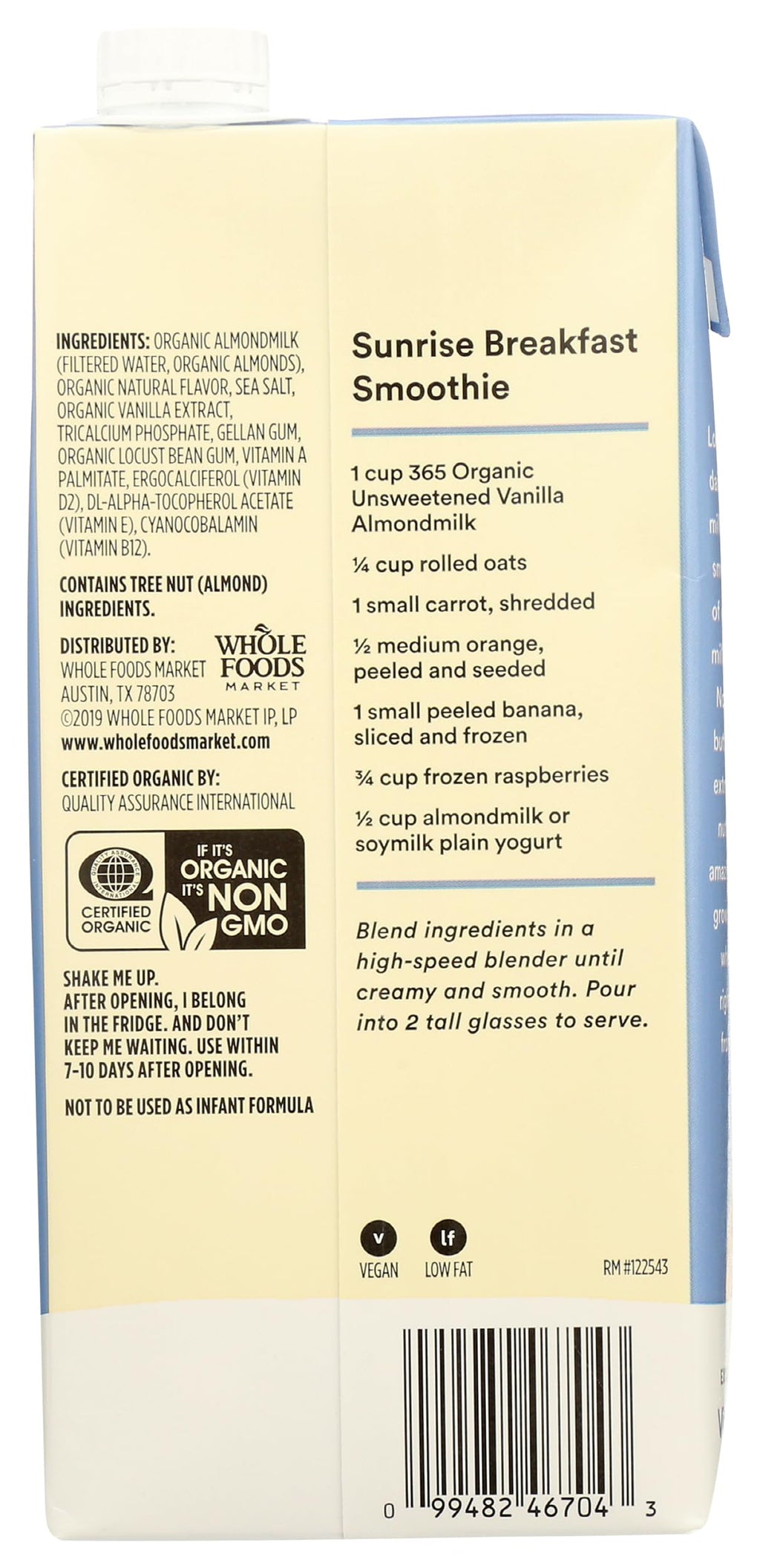Organic Unsweetened Vanilla Almond Milk 32 Fl Oz 365 By Whole Foods Market