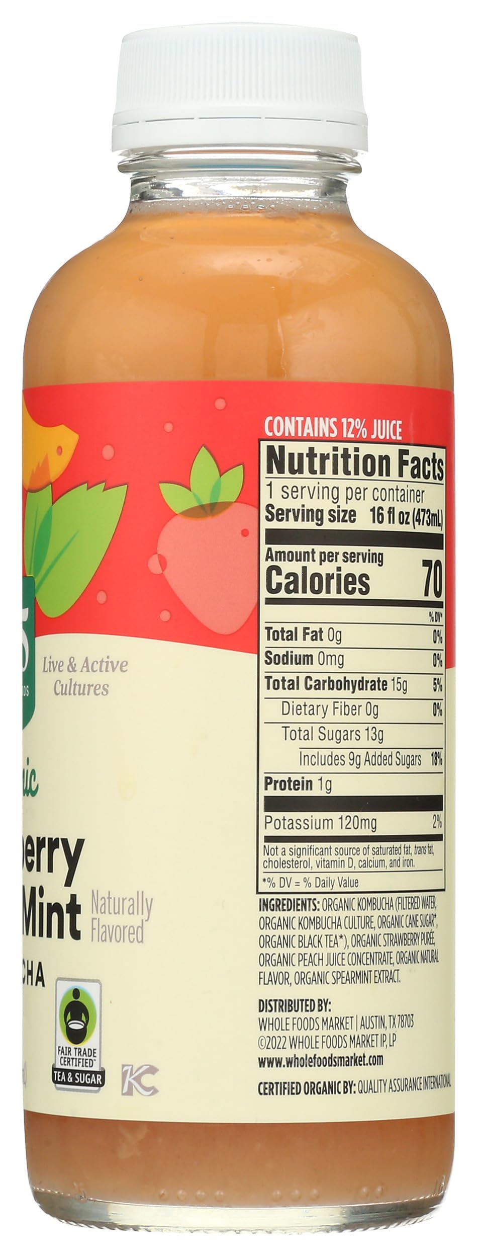 Organic Strawberry Peach Mint Kombucha 16 Fl Oz 365 By Whole Foods Market