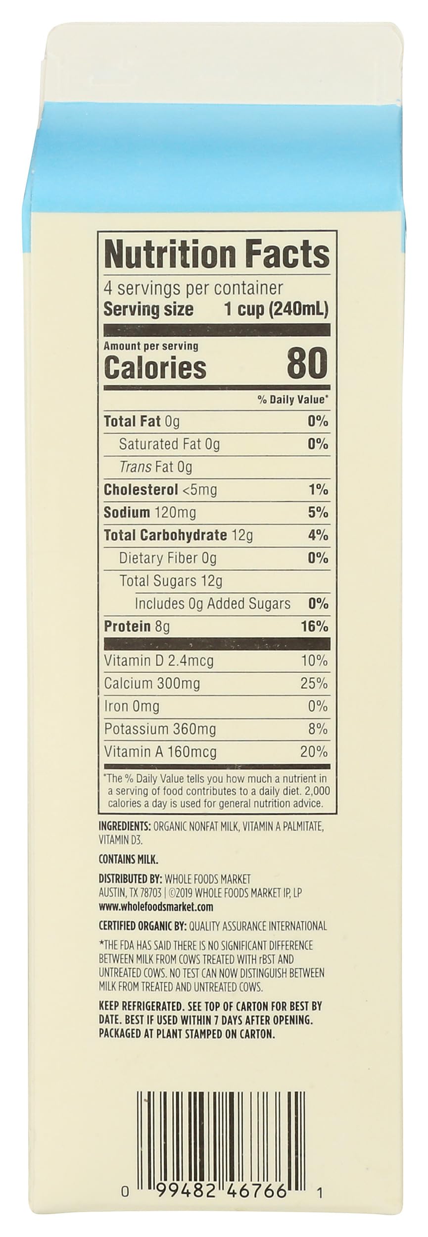 Organic Fat Free Milk 32 FZ 365 By Whole Foods Market