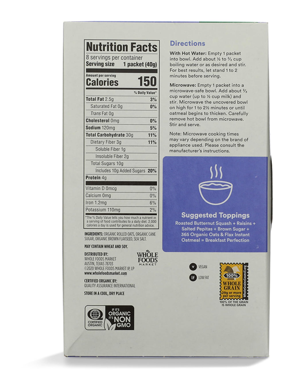 Organic Instant Oats And Flax 8 Pack 11.3 Oz 365 By Whole Foods Market