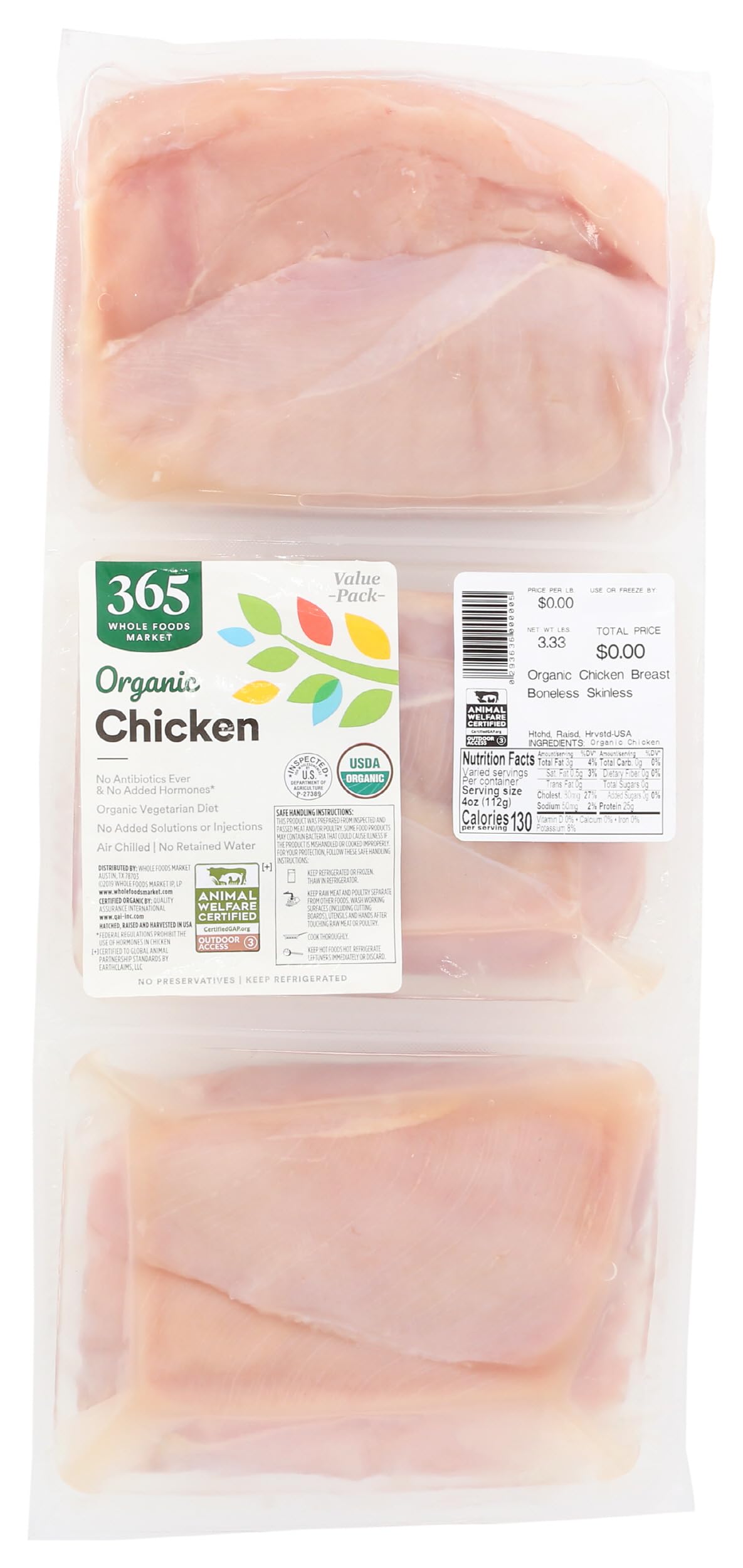 Organic Boneless Skinless Chicken Breast 1.5 Lb 365 By Whole Foods Market