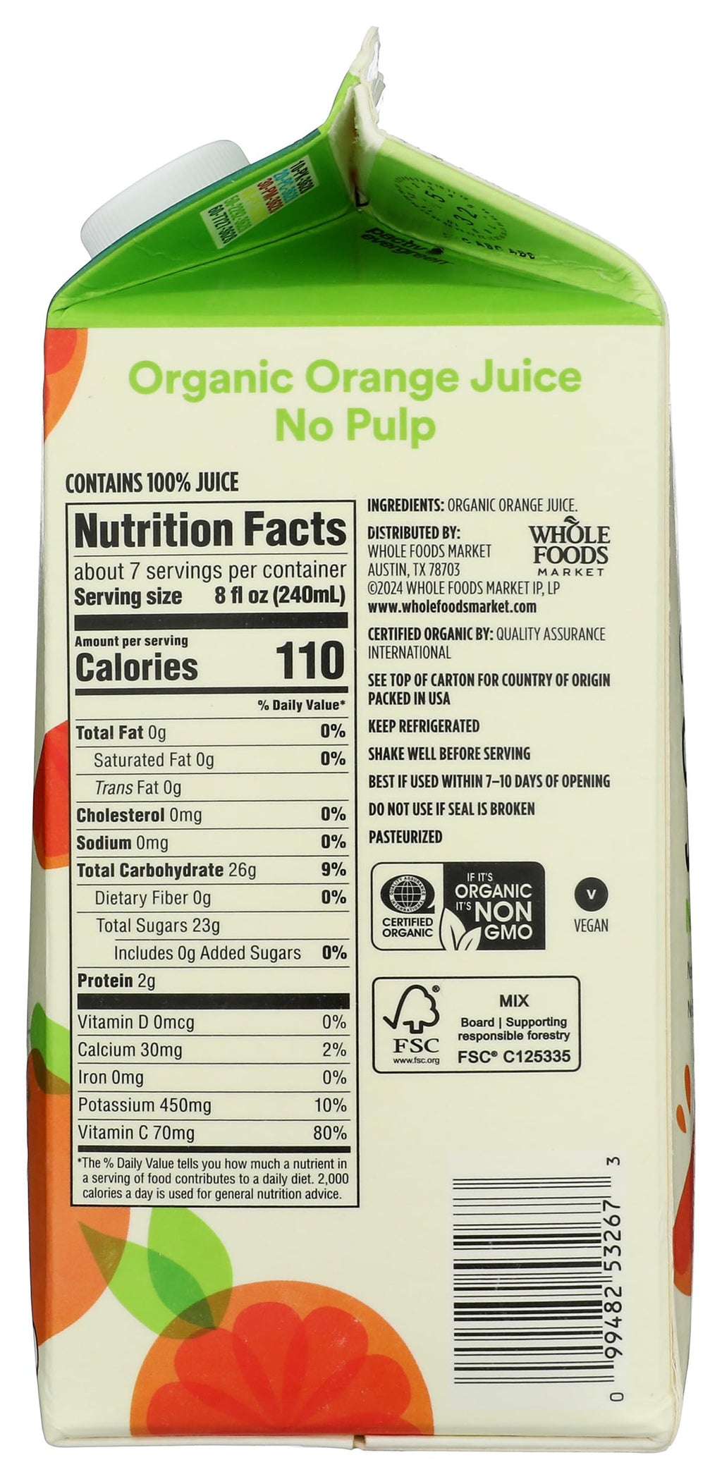 Organic Orange Juice No Pulp 52 Fl Oz 365 By Whole Foods Market