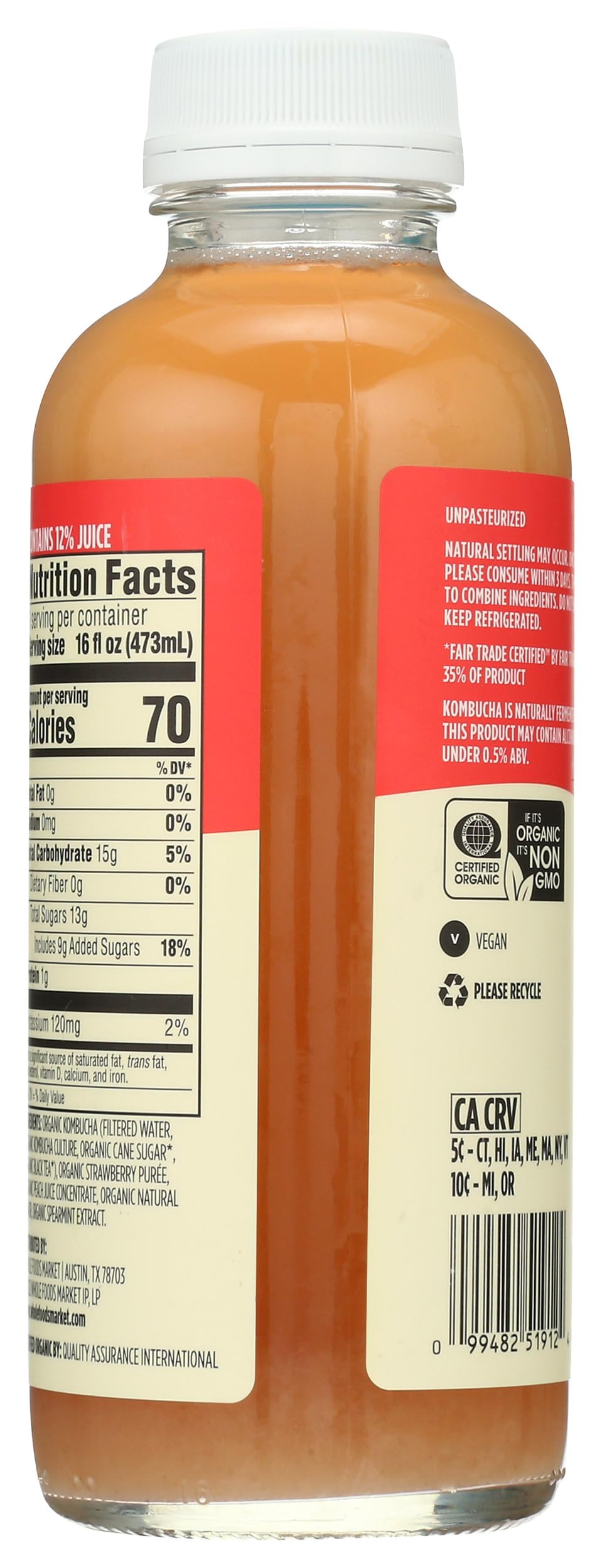 Organic Strawberry Peach Mint Kombucha 16 Fl Oz 365 By Whole Foods Market