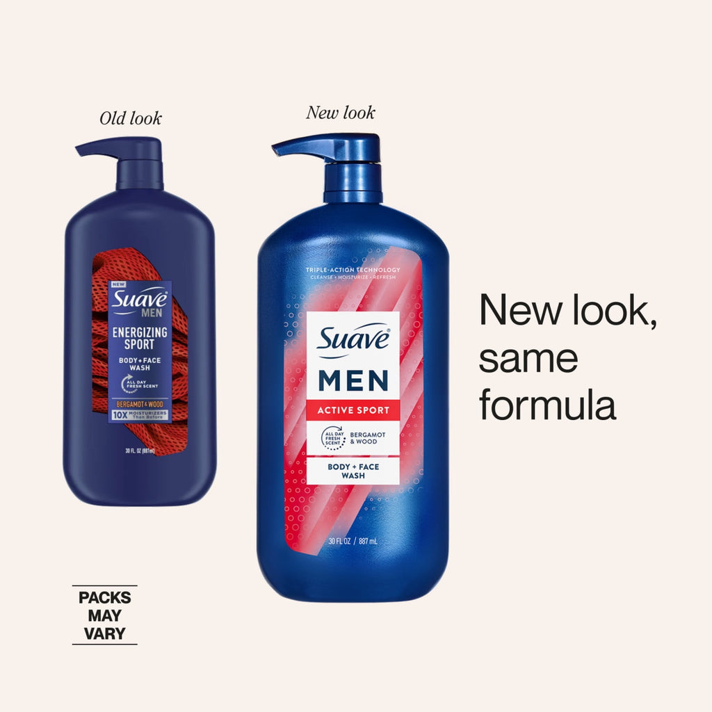 Suave Men Active Sport 2-in-1 Body & Face Wash with Glycerin & Vitamin E 30 fl oz