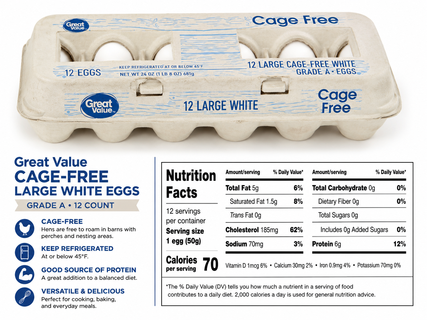 Great Value Cage-Free Large White Eggs, Grade A, 12 Count