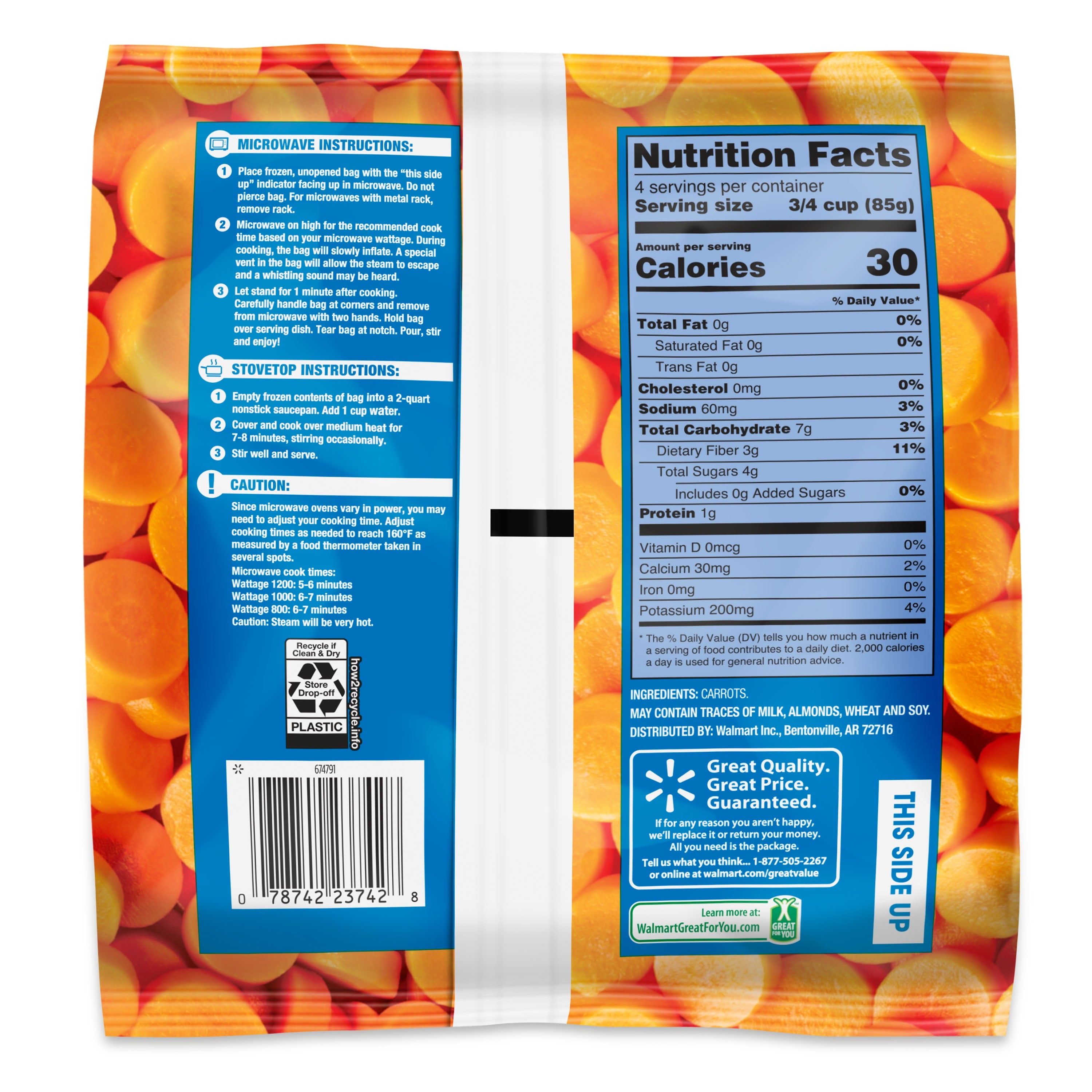 Great Value Sliced Carrots Steamable Bag Frozen 12 Oz