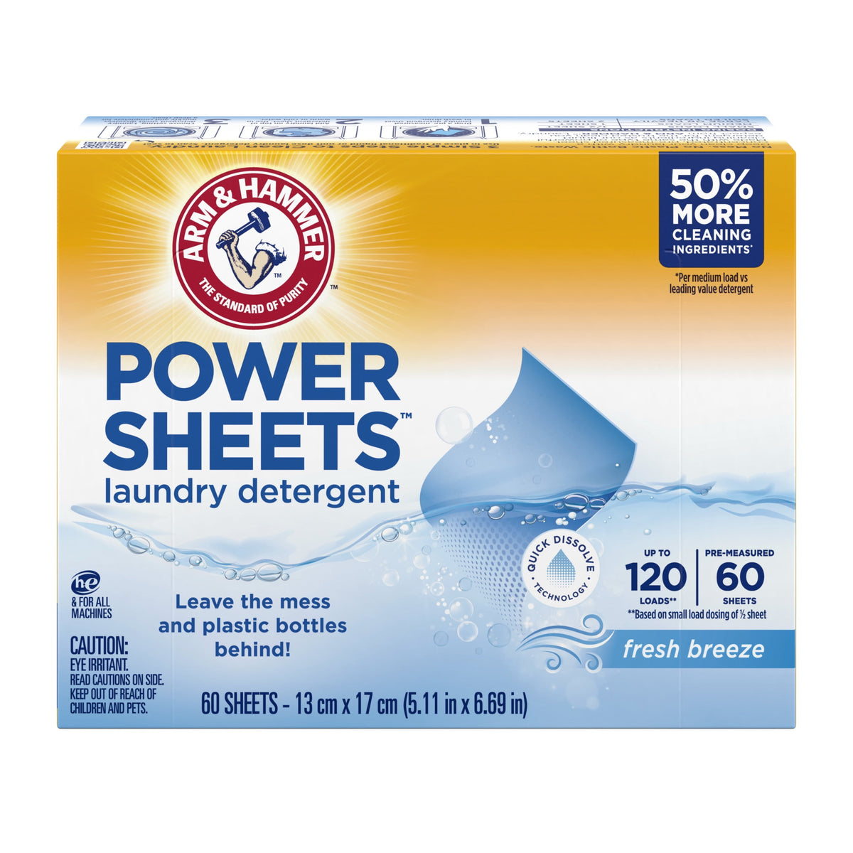 ARM & HAMMER Power Sheets Laundry Detergent Fresh Breeze 60 Count Up to 120 Small Loads