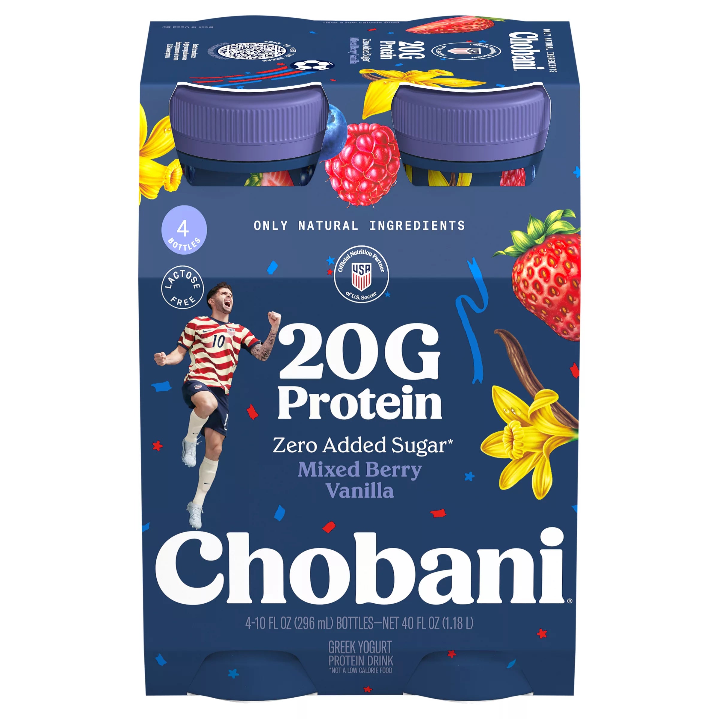 Chobani Zero Added Sugar Mixed Berry Vanilla Greek Yogurt Protein Drink, 20g Protein, 4-Pack, 40 fl oz