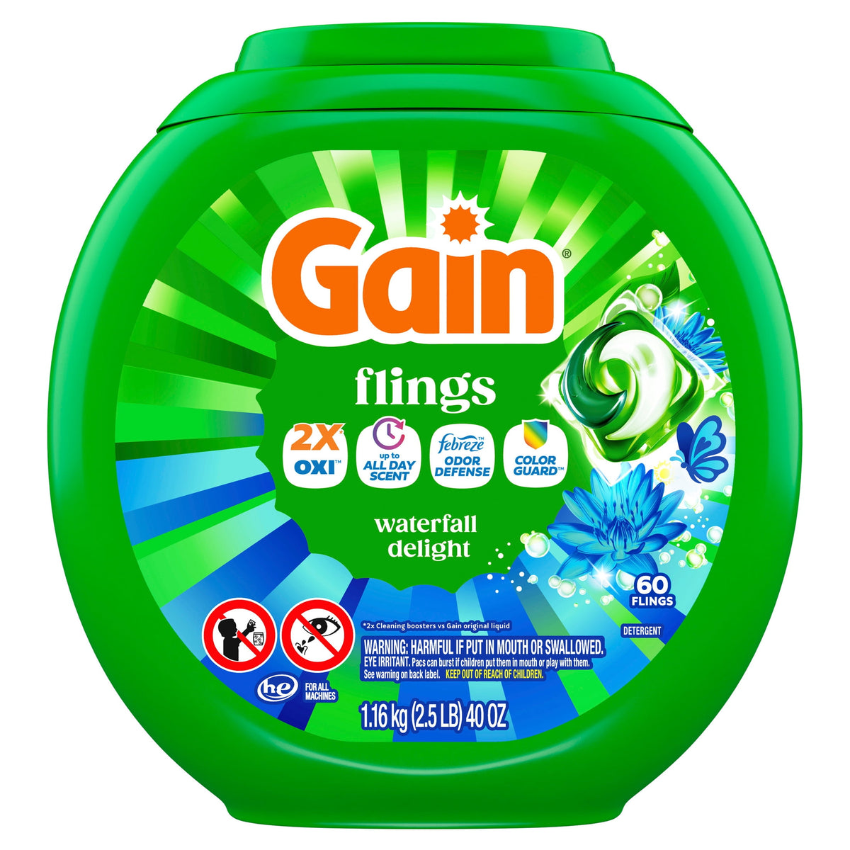 Gain Flings 4-in-1 Oxi Boost Febreze Laundry Detergent Pacs Waterfall Delight 60 Count