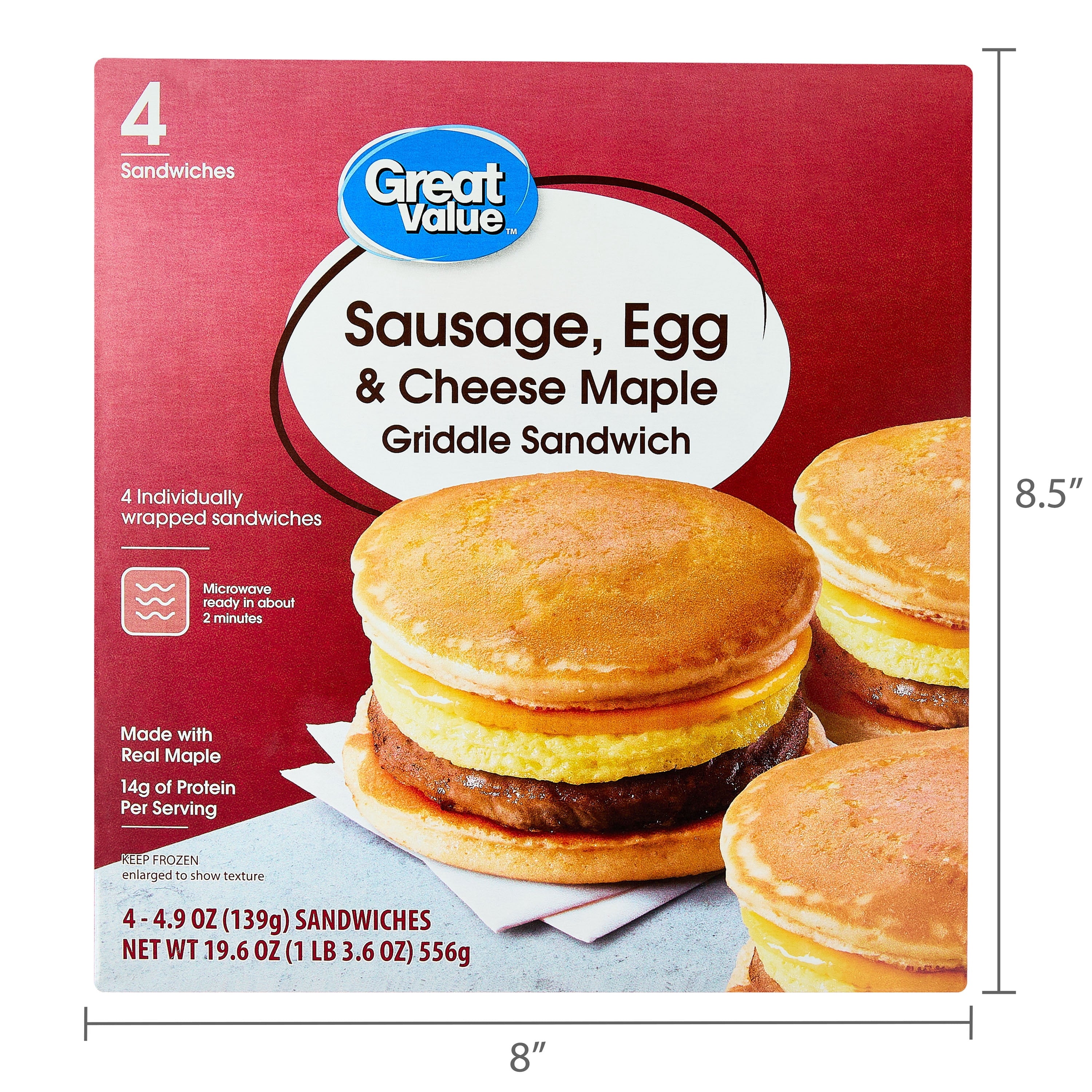 Great Value Sausage Egg & Cheese Maple Griddle Sandwich Frozen 4 Count 19.6 Oz