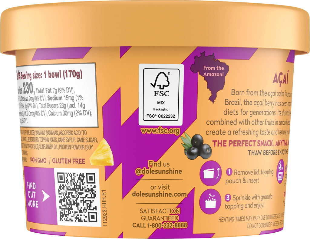 Dole Acai Protein Frozen Smoothie Bowl 6 Oz