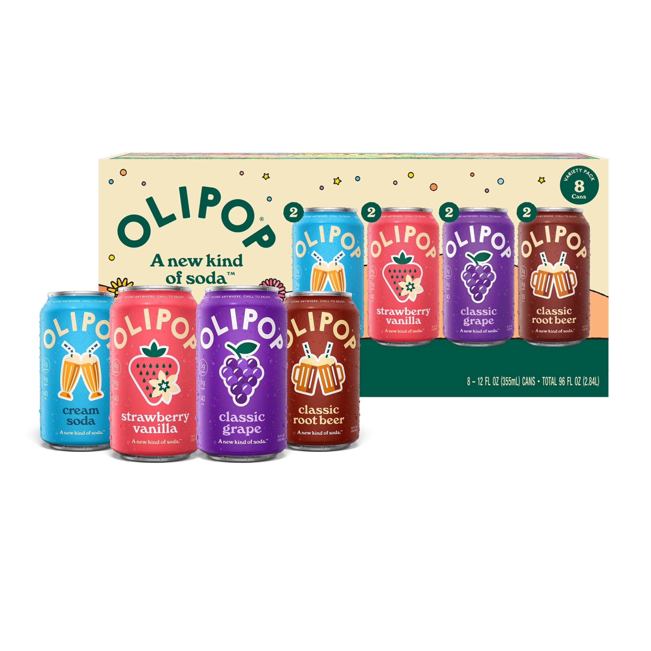 OLIPOP 6g Fiber Prebiotic Soda Variety Pack Cans 12 Fl Oz 8 Pack